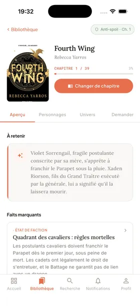 L’onglet Aperçu de Neloory sur Fourth Wing, au chapitre 1 : le bloc À retenir et les faits marquants.