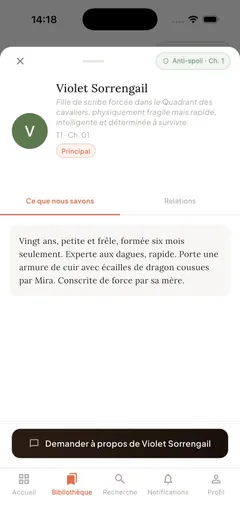 La fiche de Violet Sorrengail dans Neloory.