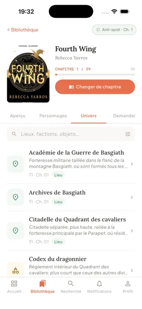 L’onglet Univers de Neloory avec les lieux et factions de Fourth Wing.